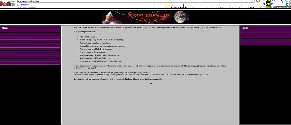2webdesign.dk arkiveret i Wayback Machine i 2002 med s&oslash;gemaskineoptimering