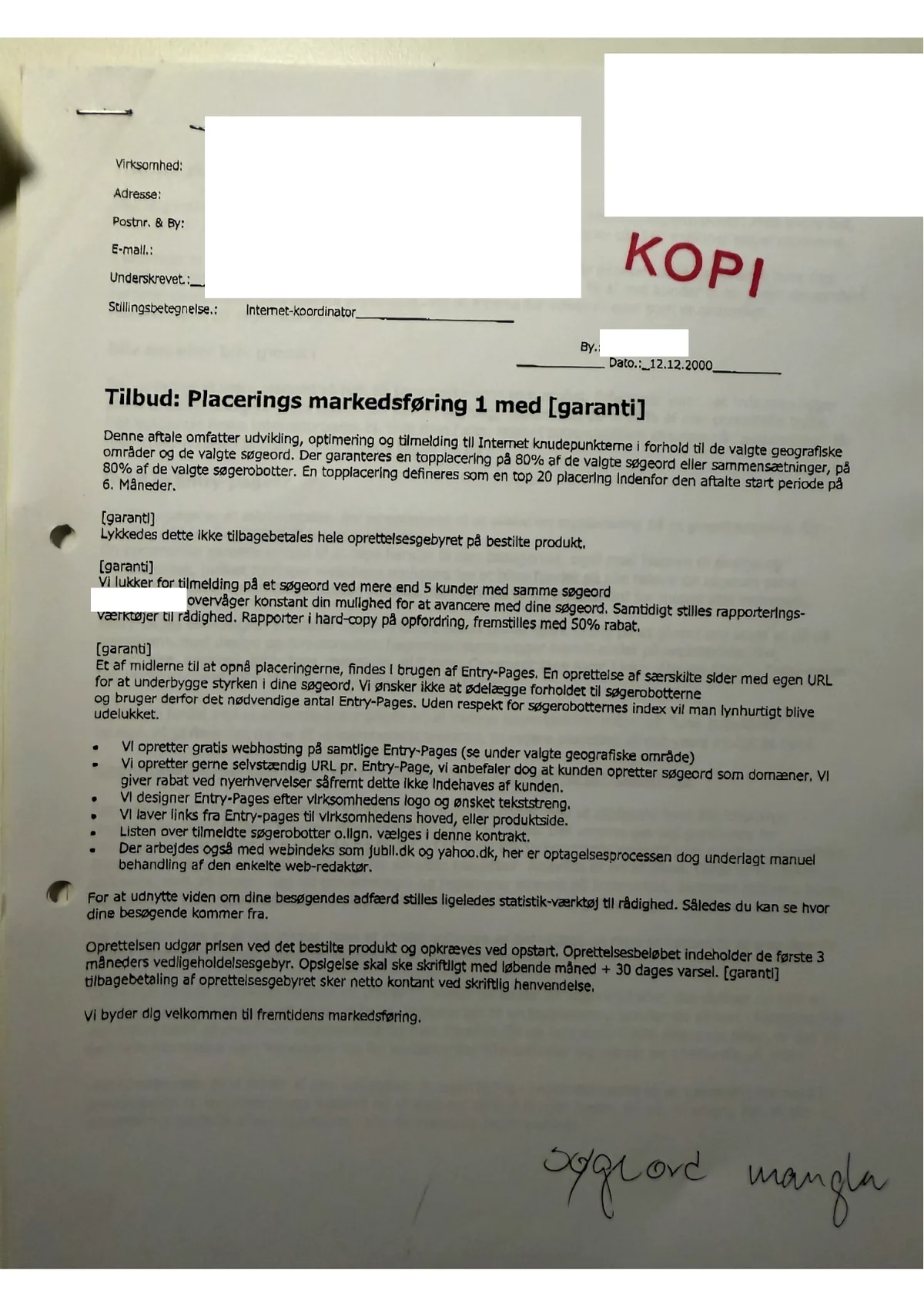 Anonymiseret historisk ordrebekr&aelig;ftelse for SEO fra begyndelsen af 00'erne