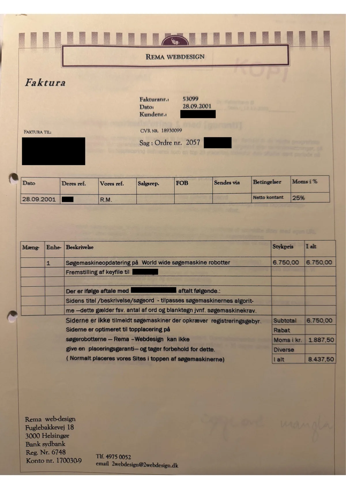 Anonymiseret historisk SEO-faktura fra 2001