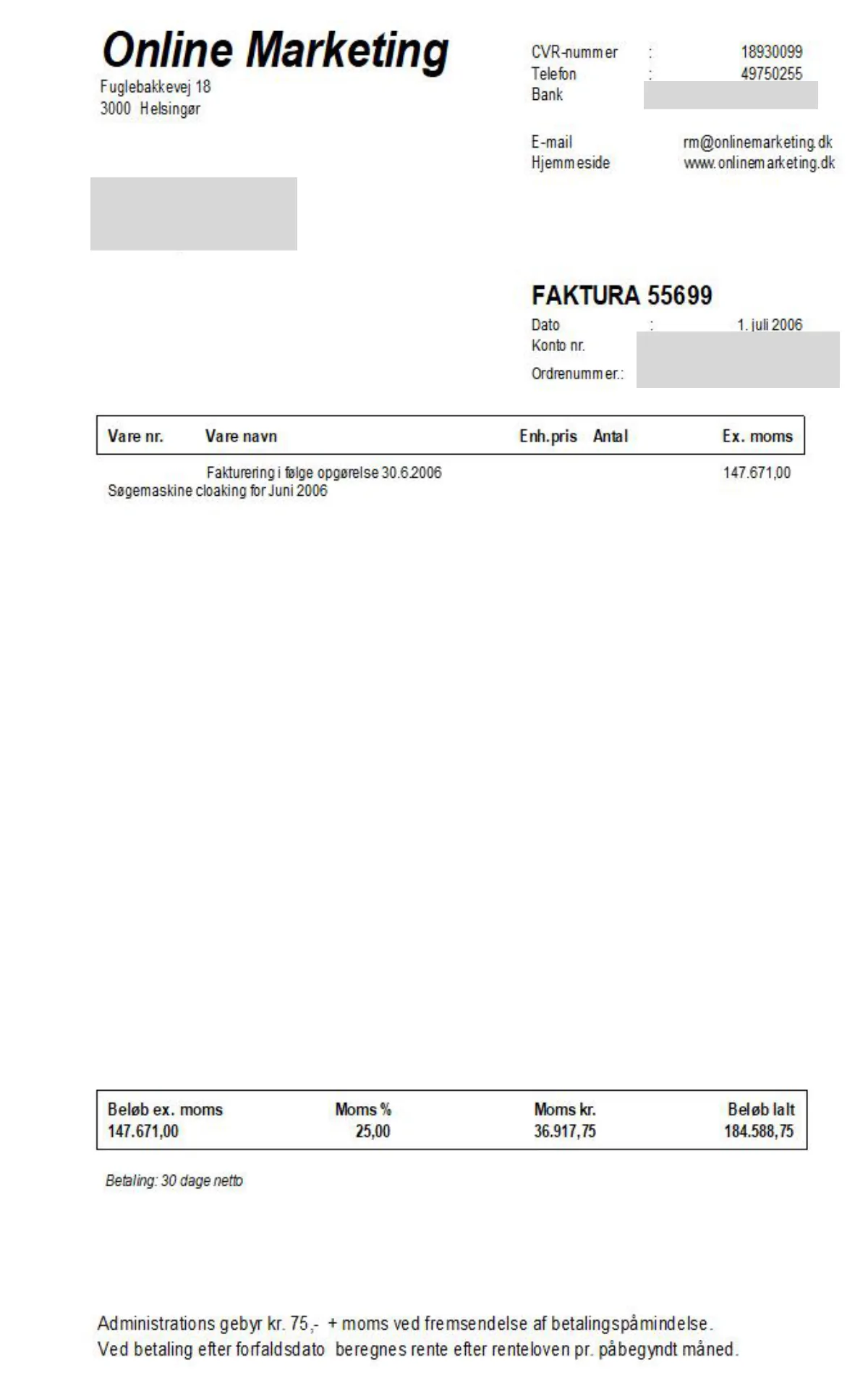 Anonymiseret historisk SEO-faktura fra 2006