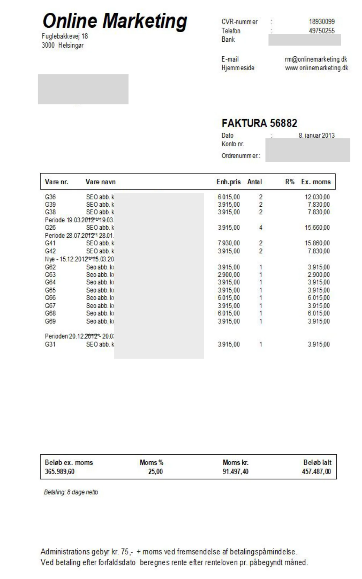 Anonymiseret historisk SEO-faktura fra 2013
